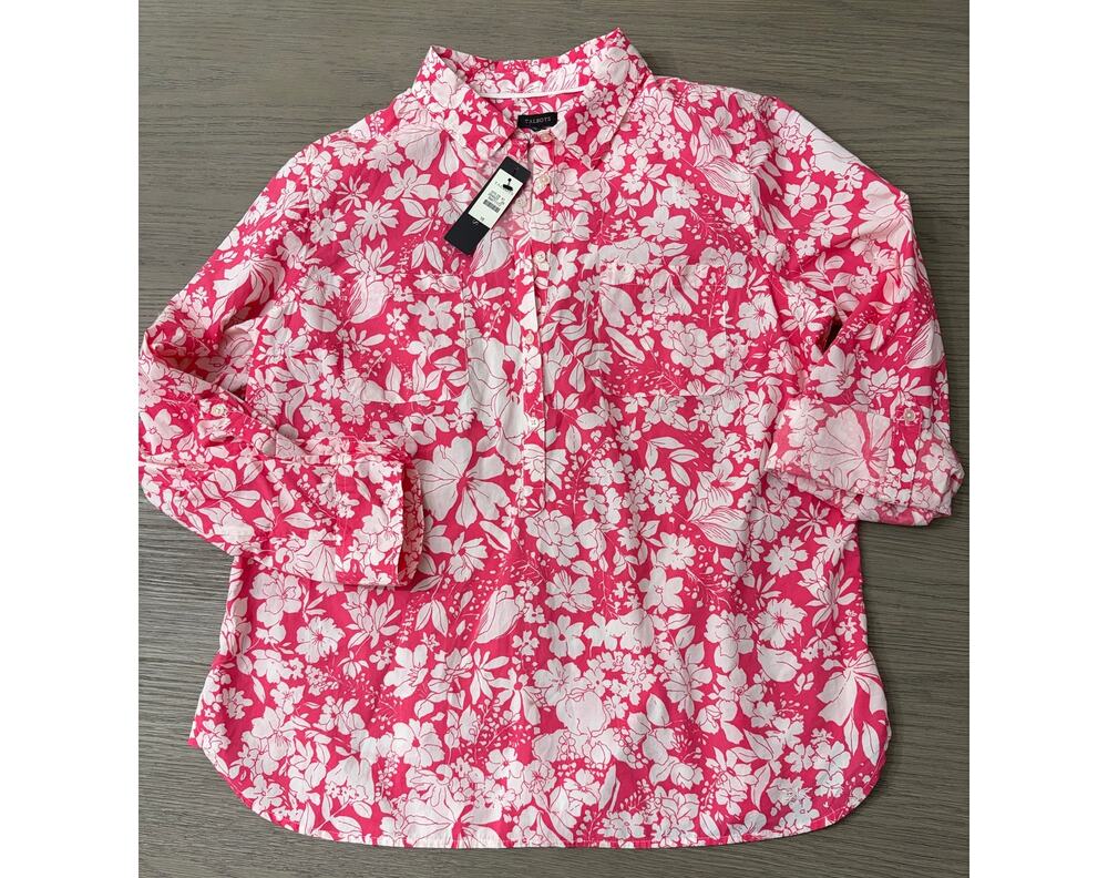 Talbots Button-Front Floral Blouse Women’s Size 16, Pink/White, Roll-Tab Sleeves